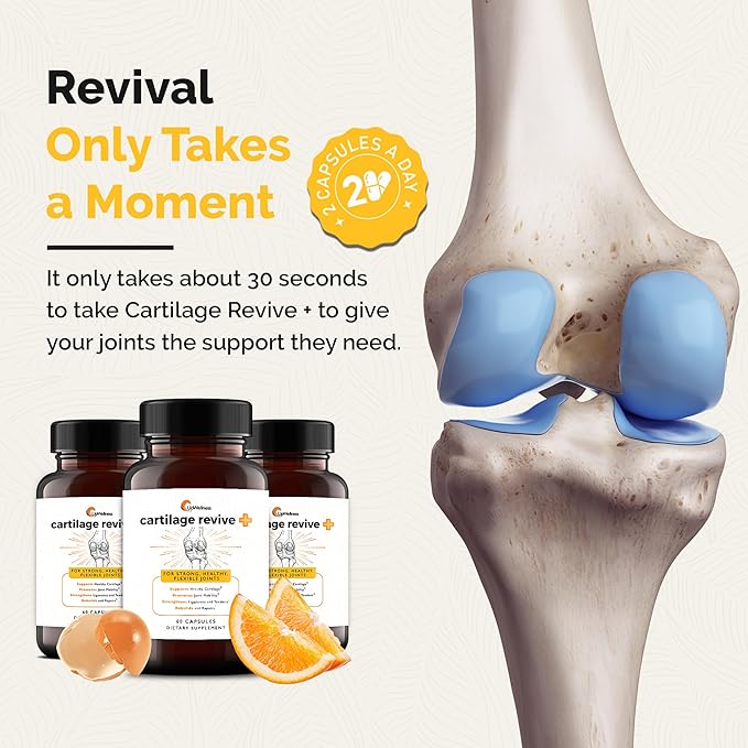 Cartilage Revive + Joint Support Supplement for Men and Women with Type II Collagen for Joints - D-Glucosamine Sulfate, MSM, Vitamin D3, Vitamin C and More - 60 Capsules