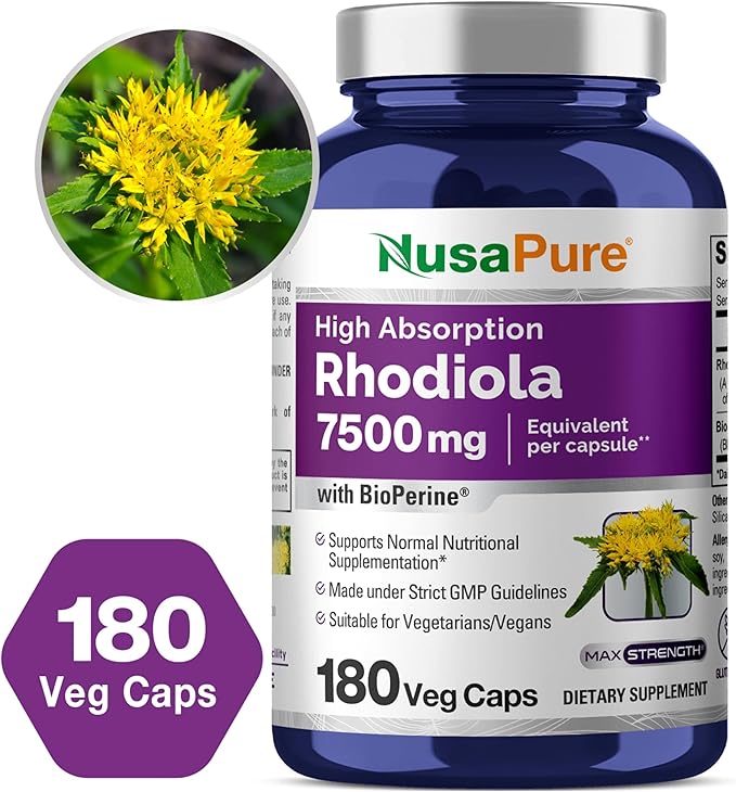NusaPure Rhodiola Rosea 7,500mg 180 Veggie Capsules (Non-GMO, Extract 30:1, Vegan & Gluten-Free) Bioperine
