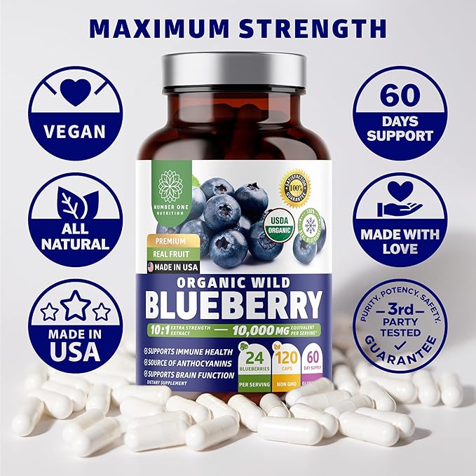 USDA Organic Wild Blueberry Extract 10:1 Concentrate, 10,000 MG per Serving Equivalent to 24 Whole Blueberries, Supports Immune Health, 120 Vegan Capsules