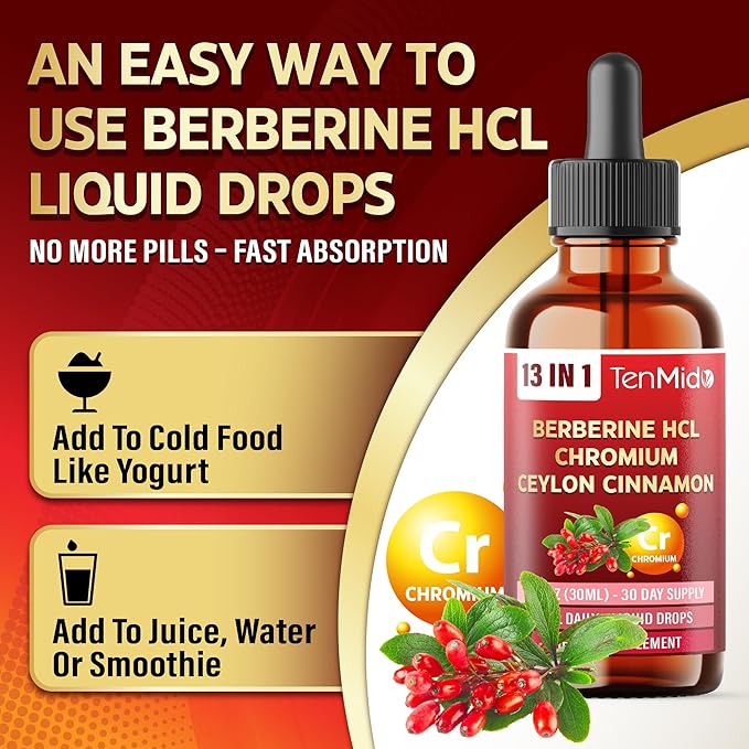 13in1 Berberine Liquid Drops with Chromium, Ceylon Cinnamon, Bitter Melon, Turmeric, Green Tea, Ginseng, Sylvestre, Moringa, Apple Cider Vinegar & More - 30 Days Supply - 1FL Oz