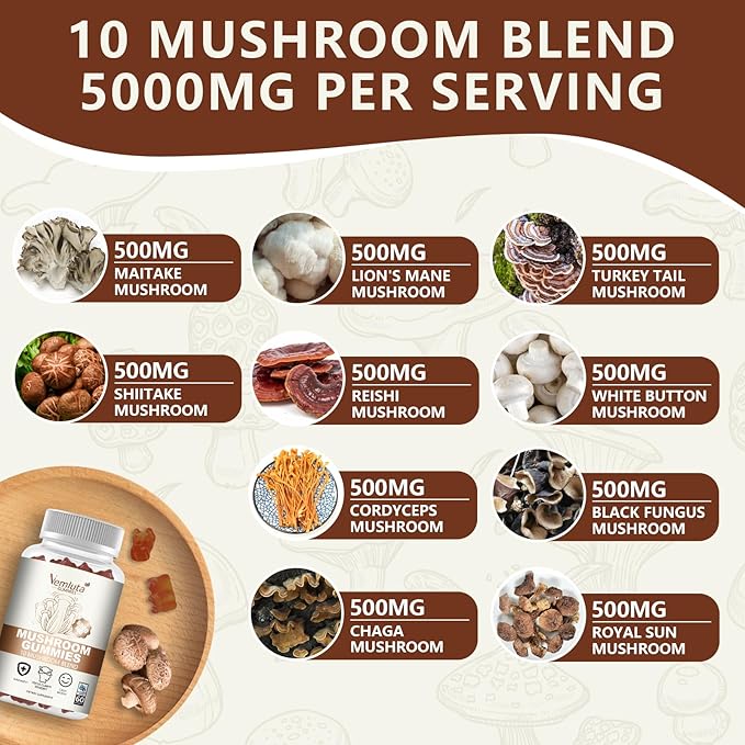 2 Packs 5000MG Mushroom Gummies -10 Blend Organic Mushroom Supplement containing Lion's Mane and Reishi for Brain and Immune Boosting, Blueberry Flavor, Non-GMO, 120 Counts