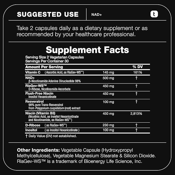 Toniiq NAD+ Supplement 1500mg - Ultra High Strength NAD Supplement with Clinically Studied Ingredients with Patented RiaGev-WS™, Resveratrol, and Niacin - 60 Capsules