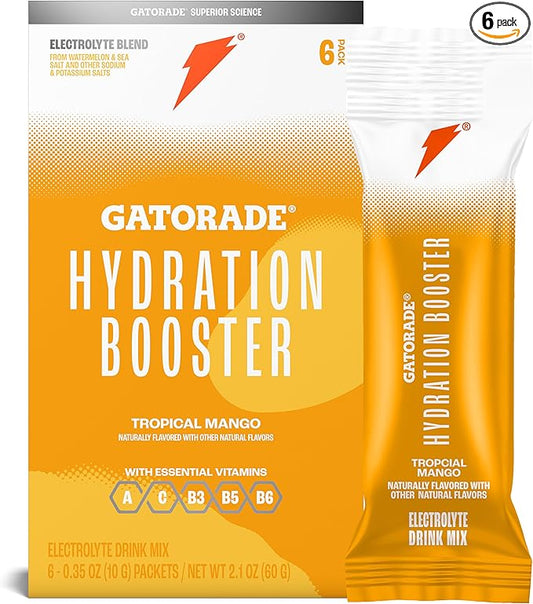 Gatorade Hydration Booster Electrolyte Drink Mix Powder Packets, Tropical Mango, Advanced Electrolyte Blend, No Added Colors, No Artificial Sweeteners, Essential Vitamins A, C, B3, B5, B6, Makes 20 Fl Oz, (6 Pack)