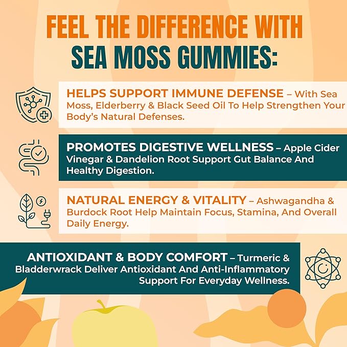 Sea Moss & Apple Cider Vinegar Gummies – 10-in-1 Herbal Blend with Black Seed Oil, Ashwagandha, Turmeric, Bladderwrack, Burdock Root & Dandelion – Vegan, USA Made, Natural Apple Flavor – 60 ct