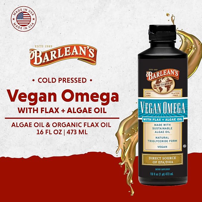 Barlean's Vegan Omega Liquid Flax and Algae Oil Plant Based EPA DHA Supplement from Algal Oil and Organic Flaxseed, Omegas 3 6 and 9 Fatty Acid Supplements, 16 Ounces