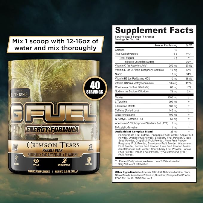 G Fuel Elden Ring Crimson Tears Energy Drink Powder, Pre Workout Caffeine Mix for Gaming, Sugar Free Focus Amino, Vitamin + Antioxidants, 9.9oz (Prickly Pear, 40 Servings)