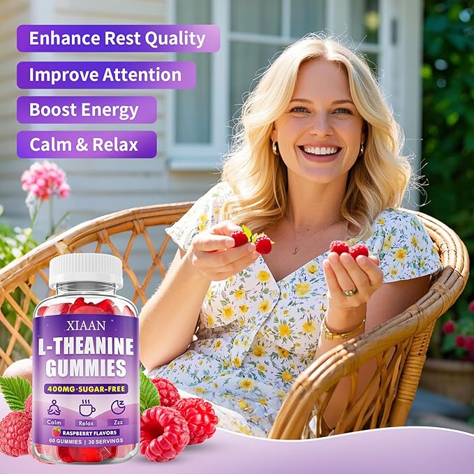 L-Theanine Gummies for Kids & Adults, L'Theanine 400mg Chewable L Theanine Supplement for Calm, Zzz & Relaxation Support, Vegan, Organic, Raspberry Flavor, 120 Counts