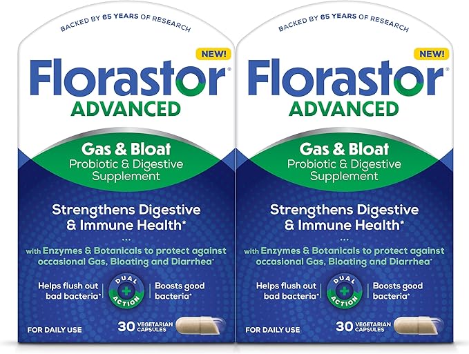 Florastor Advanced Gas and Bloat Probiotic, Digestive Enzymes and Botanicals, Plus Probiotics for Digestive Health, 30 Capsules (Pack of 2)