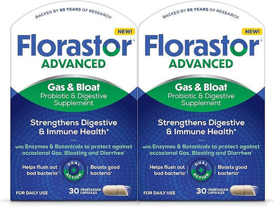 Florastor Advanced Gas and Bloat Probiotic, Digestive Enzymes and Botanicals, Plus Probiotics for Digestive Health, 30 Capsules (Pack of 2)