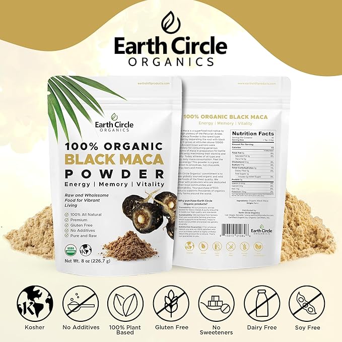 Organic Black Maca Peruvian Root Powder | Black Maca Root for Men | Natural Supplement | Essential Vitamins, Minerals & Fatty Acids Improved Energy | Immune Support (8oz, Pack of 1)