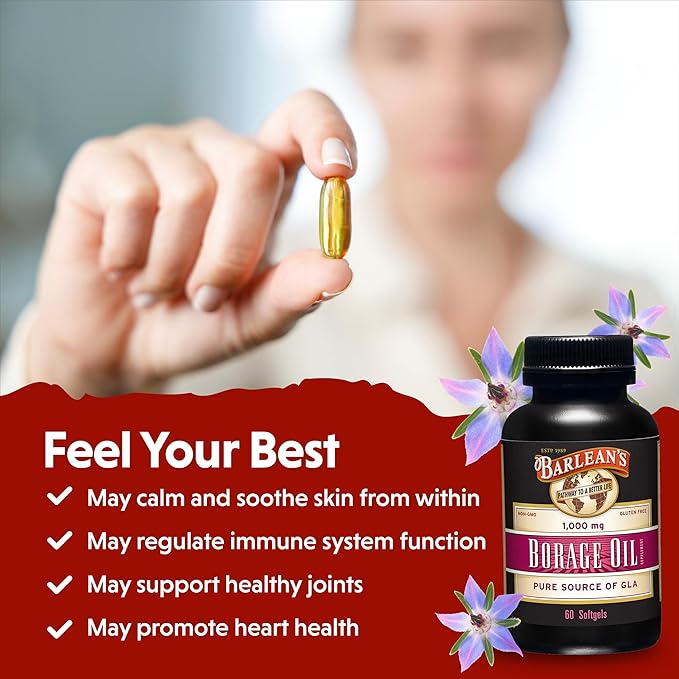 Barlean's Borage Oil Supplements, Cold Pressed Pure Borage Seed Oil Supplement Softgels for Men and Women, 1000 mg GLA Fatty Acids, 60 Count