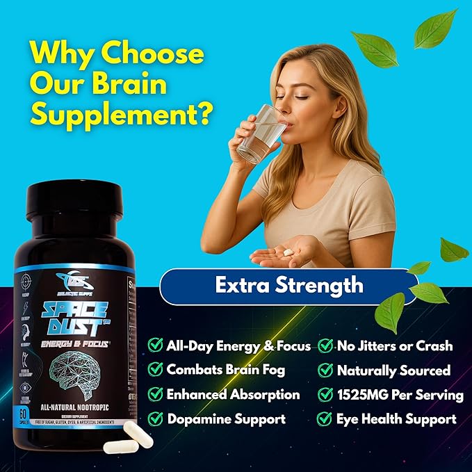 Space Dust Brain Supplement – Focus, Energy & Mood Support – 8-in-1 Nootropic for Brain Fog & Reaction Time – with TeaCrine, L-Theanine, L-Tyrosine, Mucuna – Gamer & Professional Formula