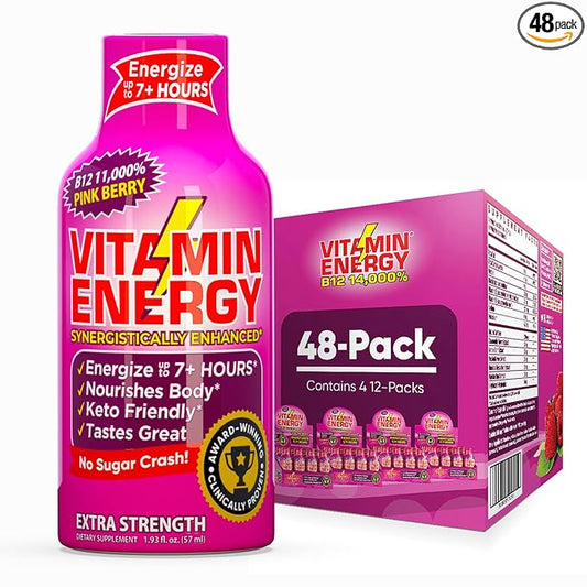 Vitamin Energy B12 11,000% Extra Strength Energy Shot Pink Berry 48 Pack, 260mg Natural Caffeine, B12 & B6, Nootropic Focus, Vitality, Zero Sugar, Gluten-Free, Vegan, Kosher, 1.93 fl oz