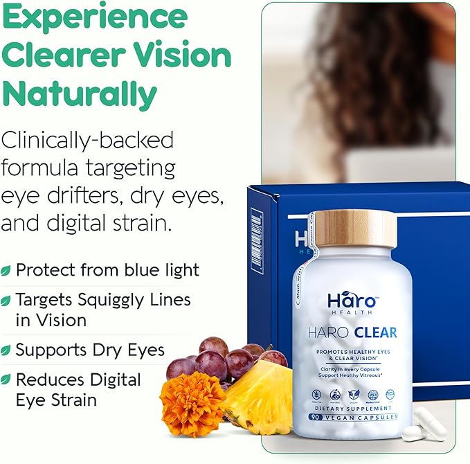 HARO Clear AREDS 2 Eye Vitamins with Lutein and Zeaxanthin for Dry Eyes, Screen Strain & Degeneration, Advanced Macular Support and Vision Supplements for Adults & Seniors, 90 Vegan Capsules