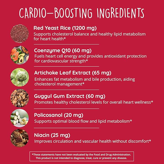 Red Yeast Rice with CoQ10 Supplement 1200 mg - Supports Cholesterol Balance, Heart Health & Circulation - Antioxidant Support with Coenzyme Q10 - Citrinin-Free, Non-GMO, Vegan, 60 Ct