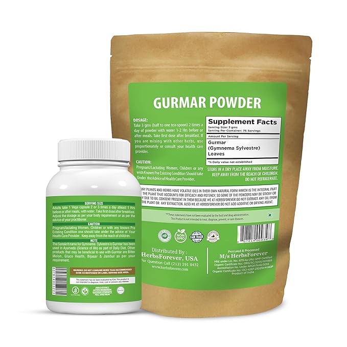 Gurmar Gymnema Sylvestre Capsules & Powder (Pack of 2) | Natural Herbal Supplement | Non-GMO, Vegan