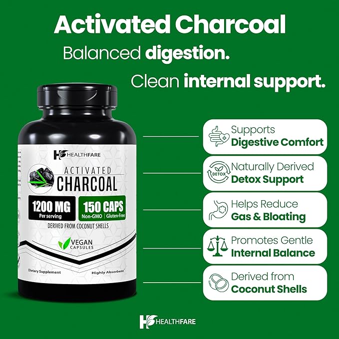 Activated Charcoal Capsules 1200mg | 150 Veg Capsules (Pack of 2) | Derived from Coconut Shells | Highly Absorbent | Non-GMO | Made in The USA