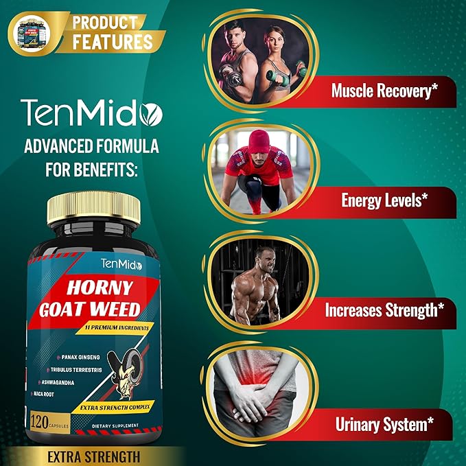 Horny Goat Weed Capsules & Ginseng, Tribulus, Ashwagandha, Maca, Tongkat and More - 120caps