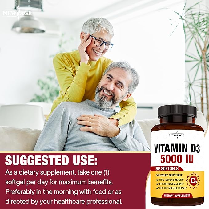 NEW AGE Vitamin D3 5000 IU 125mcg Softgels - Support Immune Support, Strong Bone Health - Non-GMO, Gluten-Free, Dairy-Free,1 Year Supply (360 Softgels (Pack of 1))