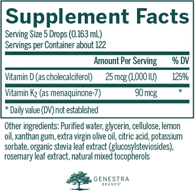 Genestra Brands D3 K2 Mulsion - Liquid Vitamins for Bone Health - Natural Lemon - 122 Servings