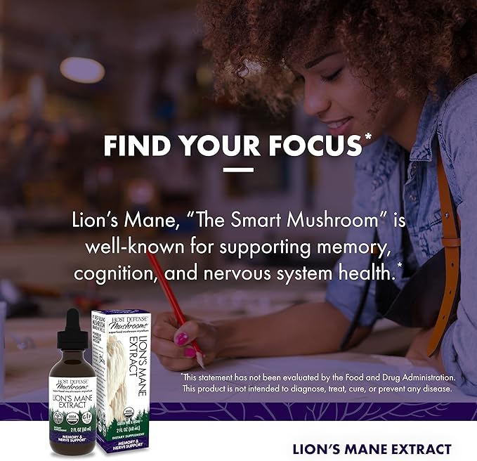 Host Defense Mushrooms Lion's Mane Extract - Lion's Mane Liquid Supplement for Brain Health - Mushroom Support for Focus & Memory Function - Immune & Nervous System Support - 2 fl oz (60 Servings)*