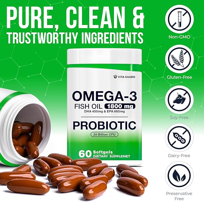 Omega-3 Fish Oil with Probiotics – 1800mg Fish Oil, 660mg EPA, 450mg DHA – Heart, Brain & Gut Support – 20 Billion CFU – Lemon-Flavored Burpless Softgels – Non-GMO, Gluten-Free