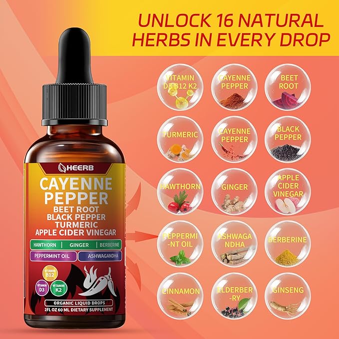 Vascu Flow Cayenne Pepper Drops - Capsaicin Supplements with Beet Root, Black Pepper, Turmeric, Vitamin D3 & K2 | Supports Metabolism, Circulation & Heart Health, Gluten Free, Vegan 2 Fl Oz