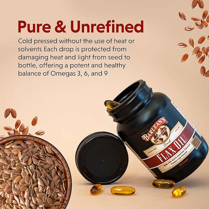 Barlean's Omega 3 6 9 Flaxseed Oil Supplements, Cold-Pressed Flax Seed Supplement Softgels with 1650 mg ALA Fatty Acids, 100 Count