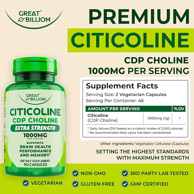 Citicoline CDP Choline 1000mg - Extra Strength Brain Supplements for Memory and Focus, Choline Supplements - Non-GMO Nootropic with Acetylcholine Support - 90 Vegetarian Capsules