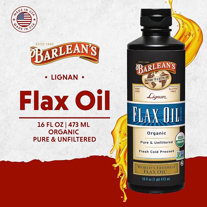 Barlean's Organic Lignan Omega 3 Flaxseed Oil Liquid Supplement for Men and Women, Cold Press Flax Seeds, 7230mg ALA Fatty Acid, Vegan and Gluten Free, 16 oz