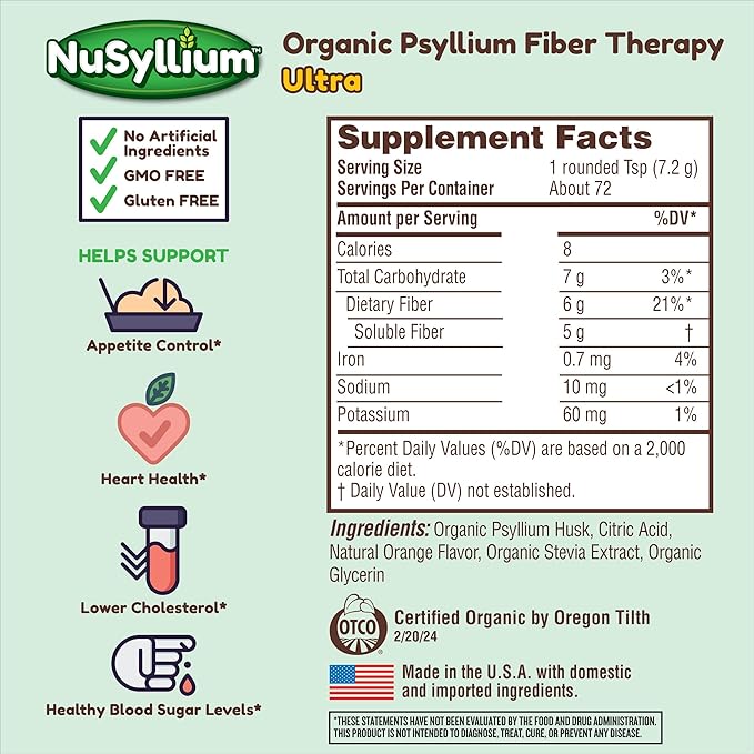 NuSyllium Ultra Psyllium Husk Powder, USDA Organic, 10.7 Oz, Sugar Free Keto-Friendly Fiber Supplement, Promotes Digestive Health* Orange, 42 Servings