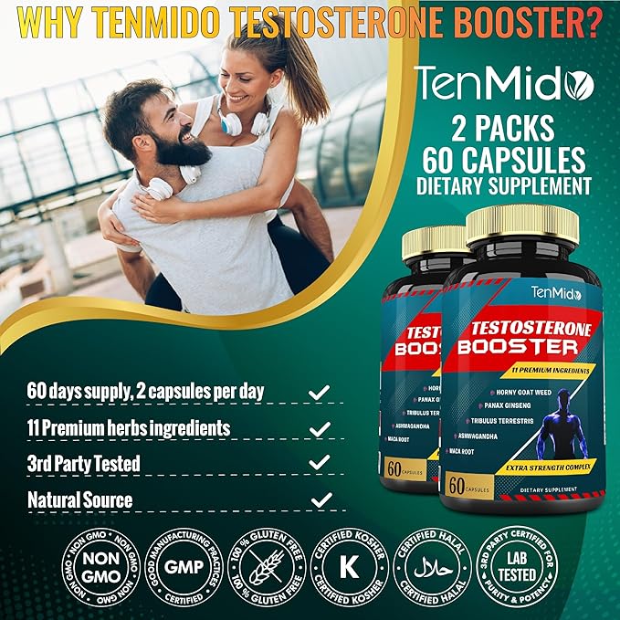 2 Packs of 60caps Testosterone Supplements Booster for Men, Equivalent to 10000mg - Natural Stamina, Endurance & Strength Supplement - Muscle Building Growth, Increasing Performance, Energy