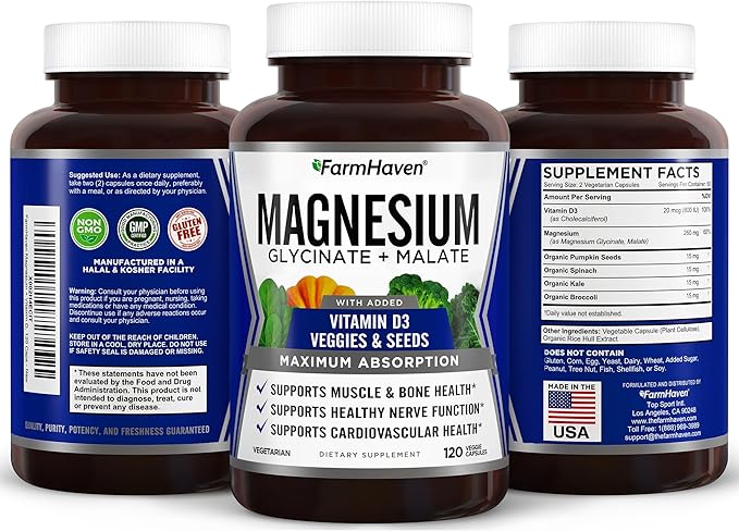 FarmHaven Magnesium Glycinate & Malate Complex w/Vitamin D3, 100% Chelated for Max Absorption- Bone Health, Nerves, Muscles, 240 Capsules, 120 Days