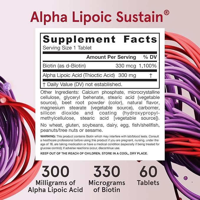 Jarrow Formulas Alpha Lipoic Sustain with Biotin, 300 mg Alpha Lipoic Acid, Universal Antioxidant, Dietary Supplement, 60 Vegan Tablets, Up to a 60 Day Supply