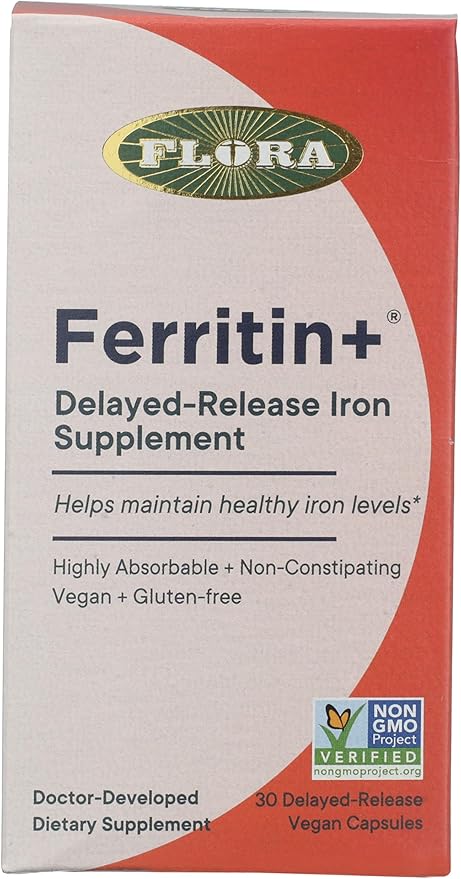 Flora Ferritin+ Delayed-Release Iron Supplement - Plant-Based Iron Supplement - Blood Cell & Energy Support - Vegan & Gluten-Free - Amber Glass Bottle - 30 Vegan Capsules