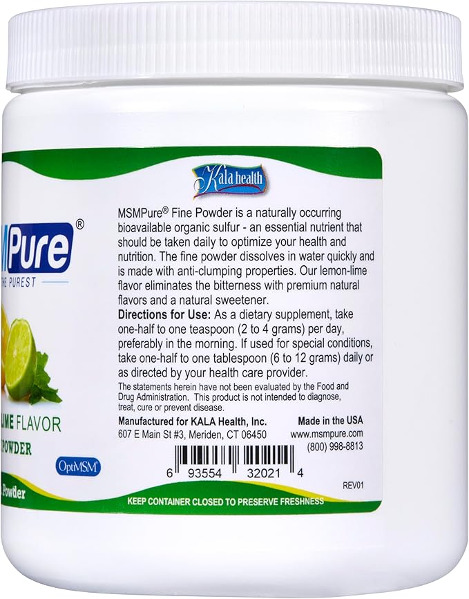 KALA HEALTH MSMPure Fast Dissolving Lemon Lime Flavored Fine MSM Powder Crystals – US-Made MSM for Joint Health, Skin Appearance, and Hair & Nail Support – 1 lb, Organic Sulfur