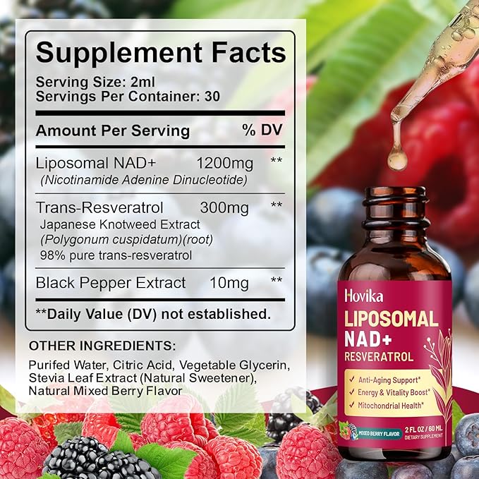 2 Pack Liposomal NAD Supplement - 1200mg NAD+ Liquid Drops for Women & Men with Resveratrol, Black Pepper Extract - Support Anti-Aging, Brain & Cellular Mitochondrial Health - Mixed Berry Flavor