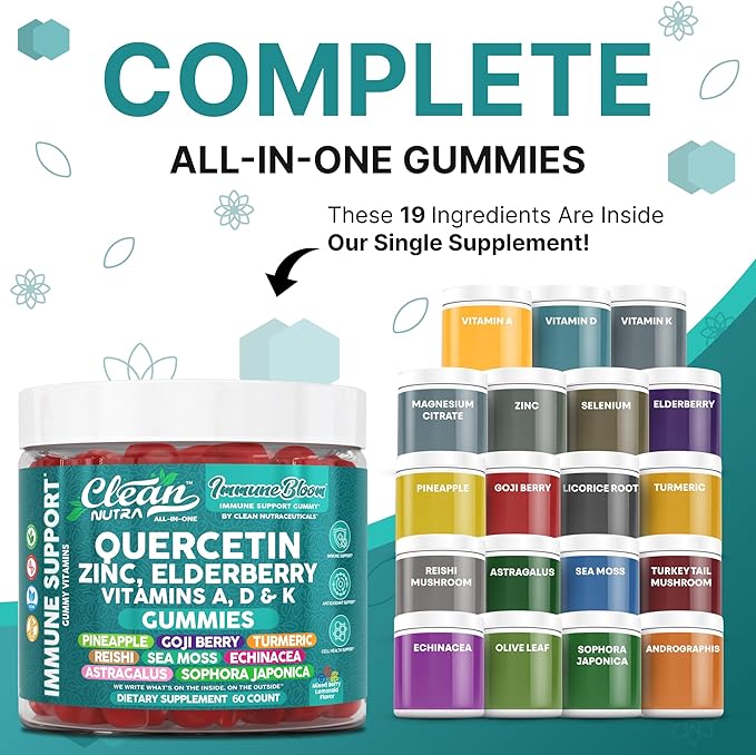 Clean Nutraceuticals Quercetin Zinc Elderberry VitaminDVitaminK2 Goji Berry Turmeric Sea Moss Echinacea Astragalus Mushrooms Olive Leaf Extract D3K2 Selenium Supplements Immunity 60 Gummies