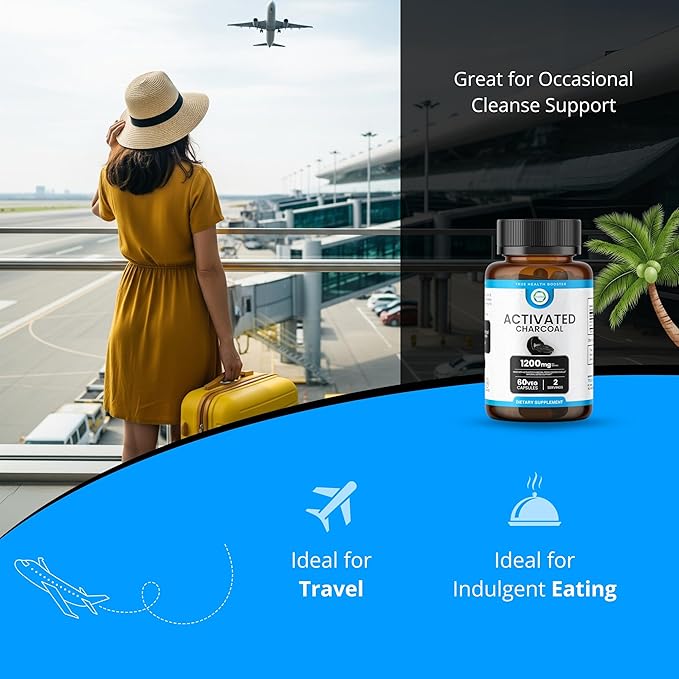 Activated Charcoal Capsules 1200 MG, 60 Veg Caps, 30-Days Premium Detox & Digestive Support, Gas & Bloating Relief, Organic Coconut Shell Charcoal, Gut Health, USA Made.