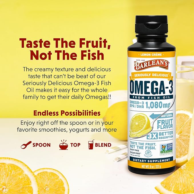 Barlean's Lemon Crème Omega 3 Fish Oil Liquid Supplement, 1080mg of Omega 3 EPA & DHA Fatty Acid, Smoothie Flavored & Burpless for Brain, Joint, & Heart Health, 8 oz
