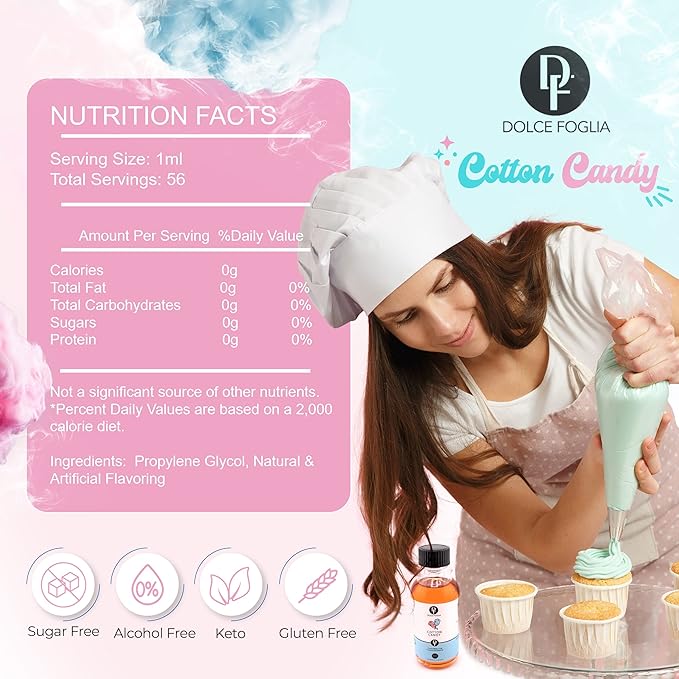 Dolce Flav Cotton Candy Extract – Kosher, Sugar-Free, Concentrated Carnival-Style Flavoring for Baking, Frostings & Drinks, Includes Measured Dropper, 2 oz Pack of 2