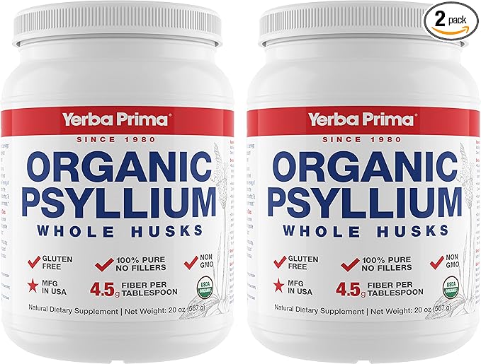 Yerba Prima Organic Whole Psyllium Husks Fiber - 20 oz (Pack of 2) - Natural Daily Dietary Fiber Supplement, Colon Cleanser, Regularity & Detox Cleansing Support, Gluten Free, Non GMO, Vegan