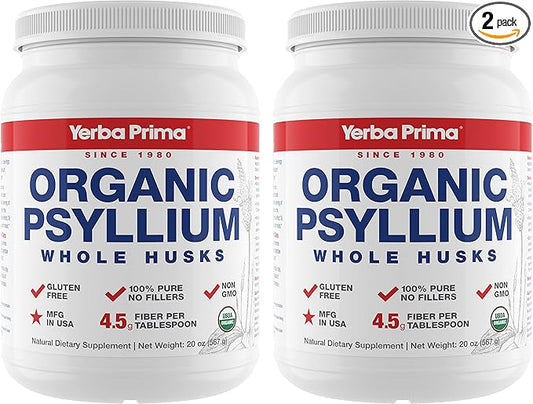 Yerba Prima Organic Whole Psyllium Husks Fiber - 20 oz (Pack of 2) - Natural Daily Dietary Fiber Supplement, Colon Cleanser, Regularity & Detox Cleansing Support, Gluten Free, Non GMO, Vegan