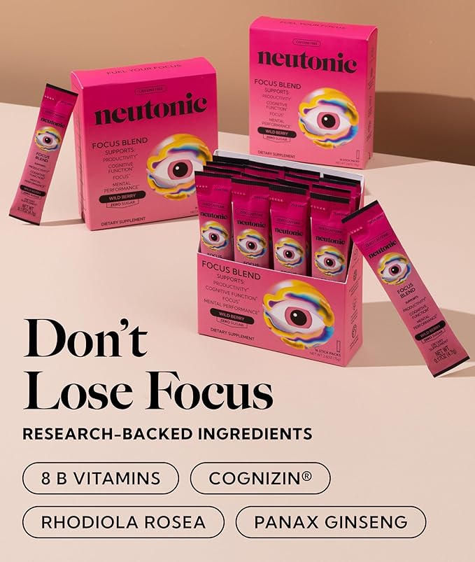 Neutonic Nootropic Focus Blend Powder | Wild Berry 16 Sticks | Caffeine Free, Zero Sugar | Support Memory, Mental Clarity, Cognitive Function | Boost Focus, Energy, Brain Health