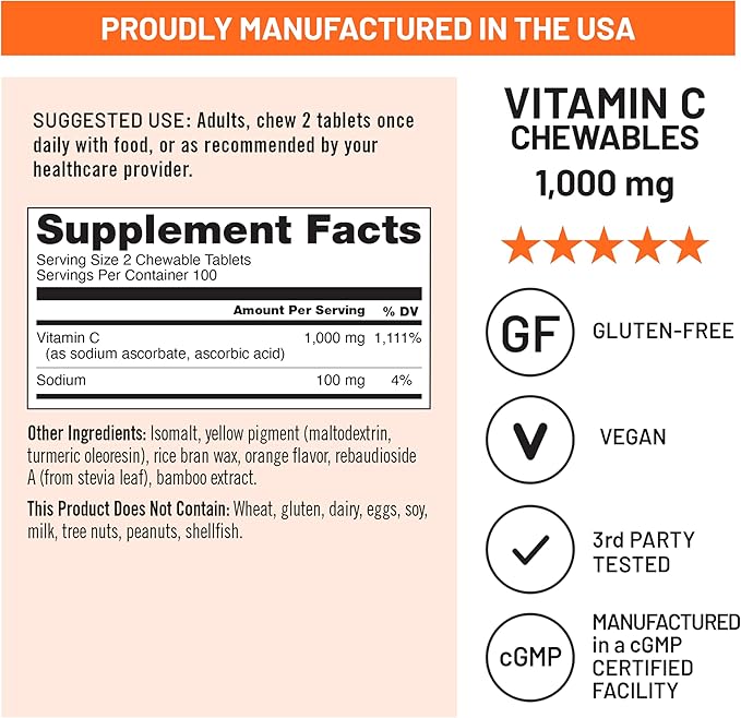NatureWise Extra Strength Vitamin C Chewable 1000mg for Adults - Natural Orange Flavor - Immune System & Antioxidant Support - Non-GMO, Vegan & Sugar Free - 200 Chewable Tablets[100-Day Supply]