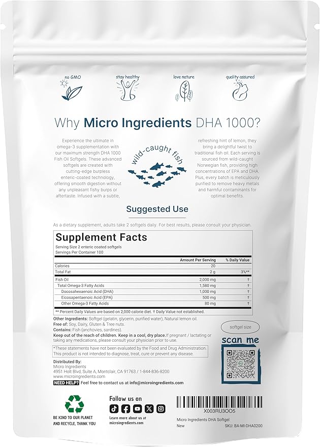 Omega 3 Fish Oil DHA Supplements 1000mg with EPA 500mg, 200 Softgels – Lemon Flavored, Burpless (Enteric Coated) | Deep Sea Fresh Fish, Wild Caught from Norwegian Waters | Mercury Free