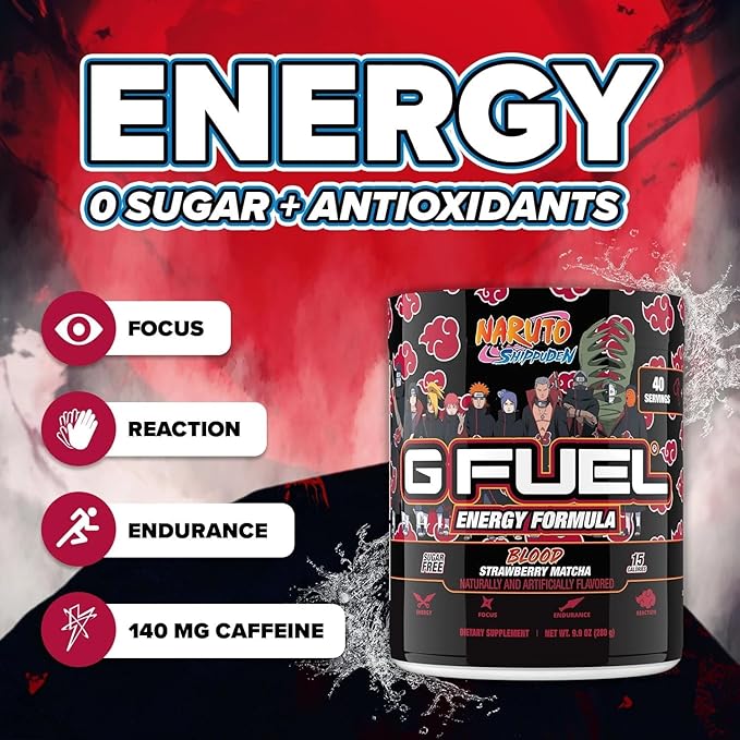 G Fuel Akasuki Blood Energy Drink Powder, Pre Workout Caffeine Mix for Gaming, Sugar Free Focus Amino, Vitamin + Antioxidants, 9.9oz (Strawberry Matcha, 40 Servings)