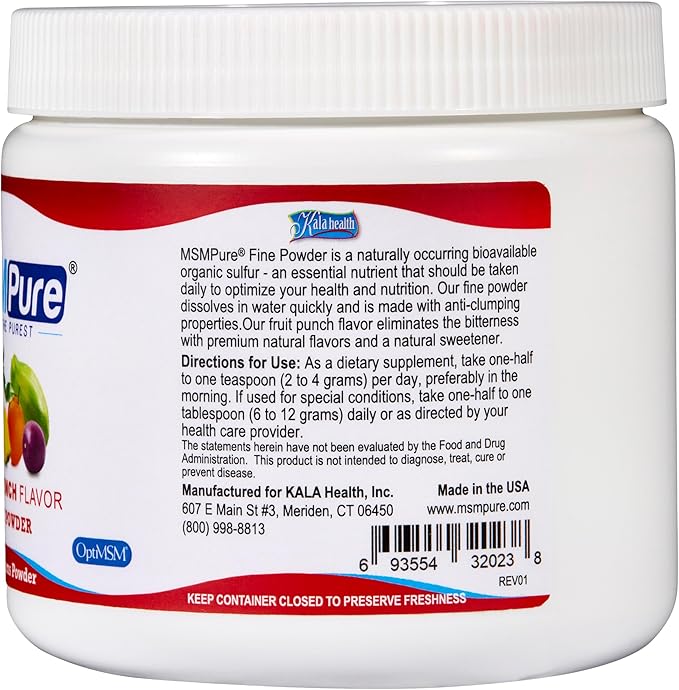 KALA HEALTH MSMPure Fast Dissolving Fruit Punch Flavored Fine MSM Powder Crystals – US-Made MSM for Joint Health, Skin Appearance, and Hair & Nail Support – 8.8 oz, Organic Sulfur