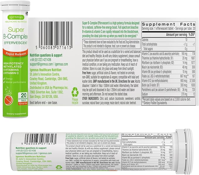 Igennus Super B-Complex Methylated Liquid B-Vitamin Effervescent Supplement, Fast Action Energy Drink, Caffeine & Sugar-Free, Orange Flavor, Vegan, 20 Tablets