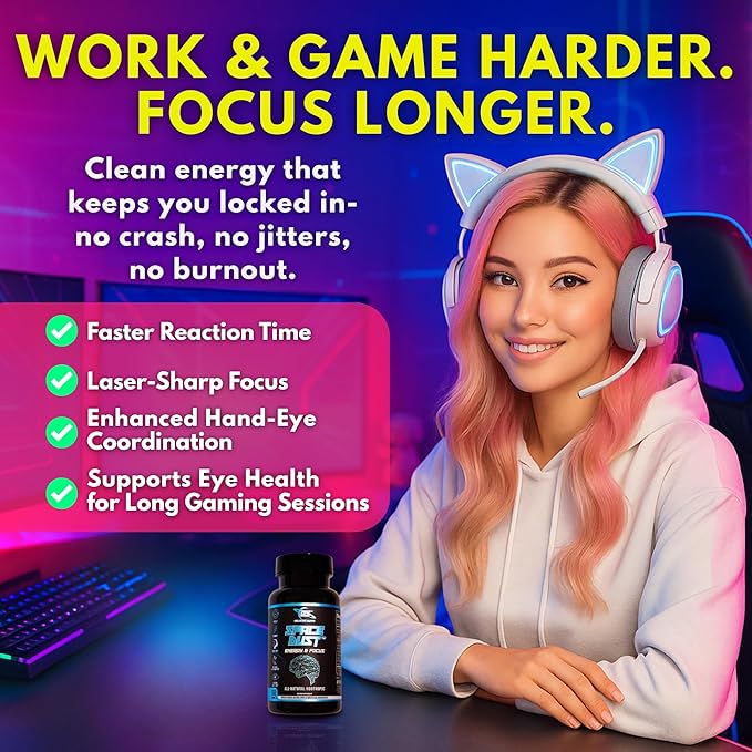 Space Dust Brain Supplement – Focus, Energy & Mood Support – 8-in-1 Nootropic for Brain Fog & Reaction Time – with TeaCrine, L-Theanine, L-Tyrosine, Mucuna – Gamer & Professional Formula